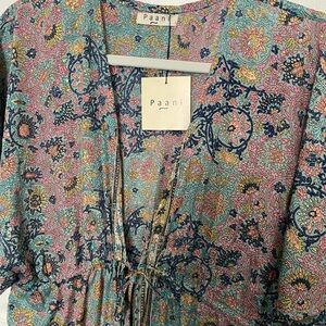 Paani Floral Print V-Neck Silky Tunic Cover-up Kimono in Multicolor